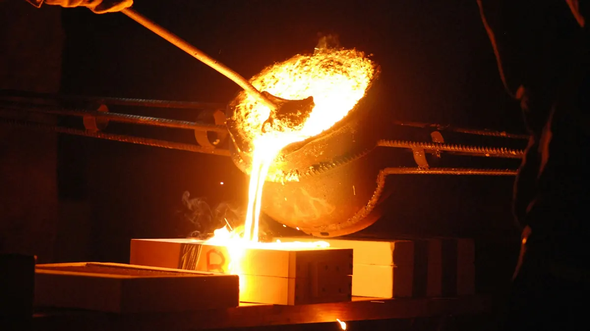 Cadinho a verter metal fundido incandescente para moldes numa oficina de fundição escura